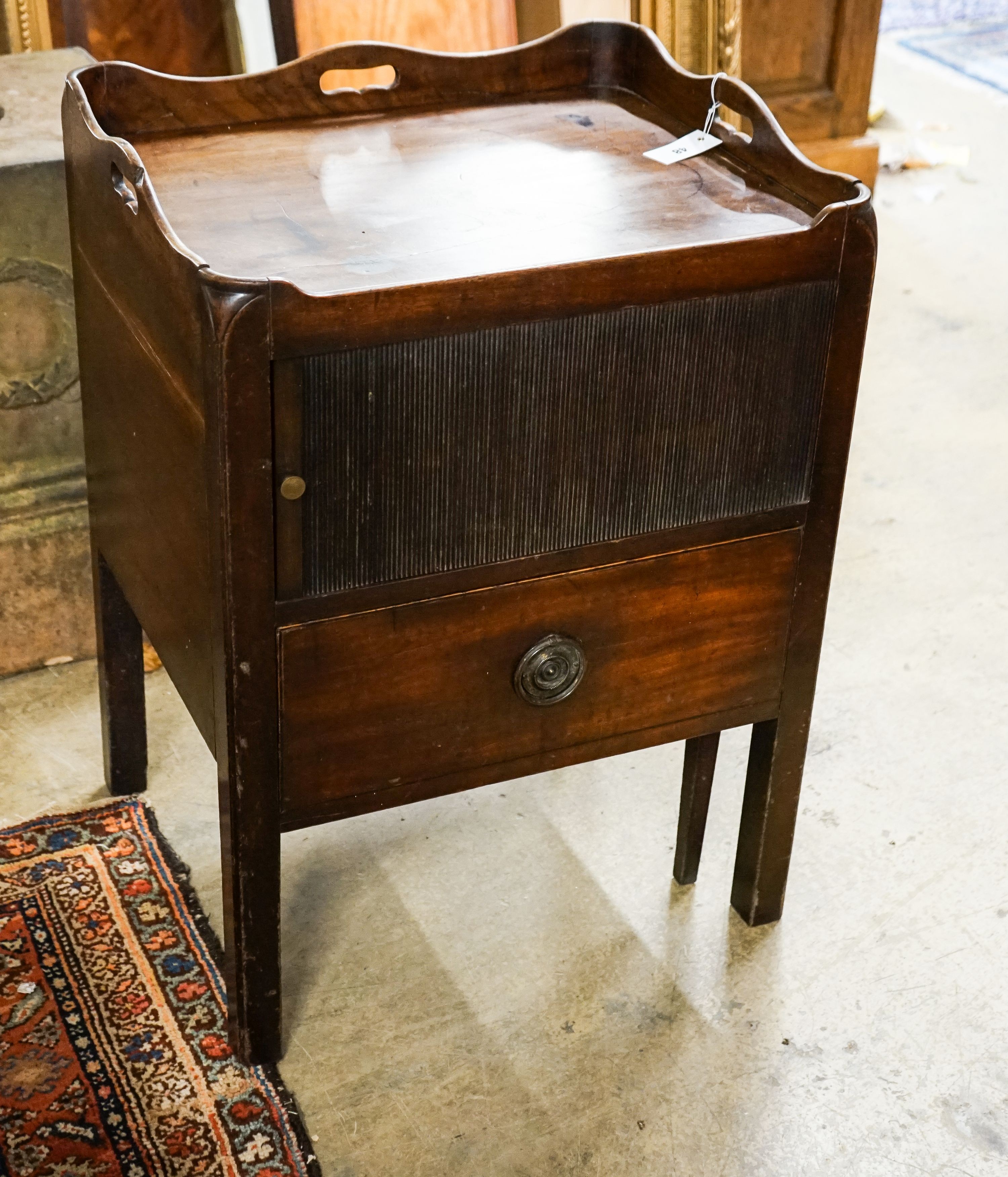 A George III mahogany tray top commode, with tambour compartment, width 56cm, depth 46cm, height 72cm